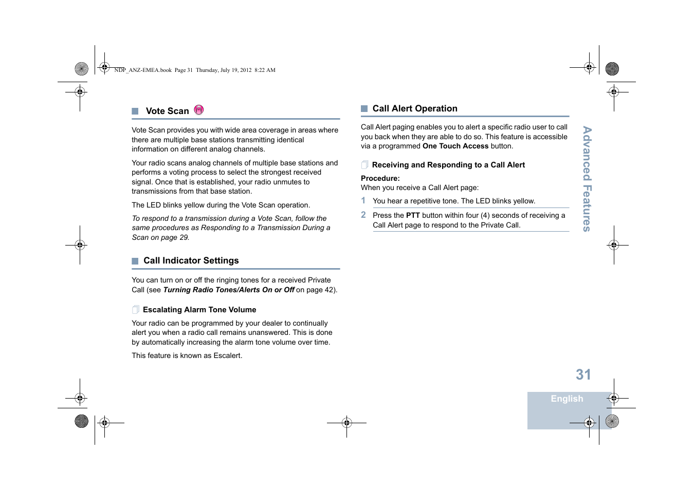 Vote scan, Call indicator settings, Escalating alarm tone volume | Call alert operation, Receiving and responding to a call alert, Vote scan call indicator settings, Call alert operation on, Advanced features | Motorola DP 2400 User Manual | Page 39 / 472