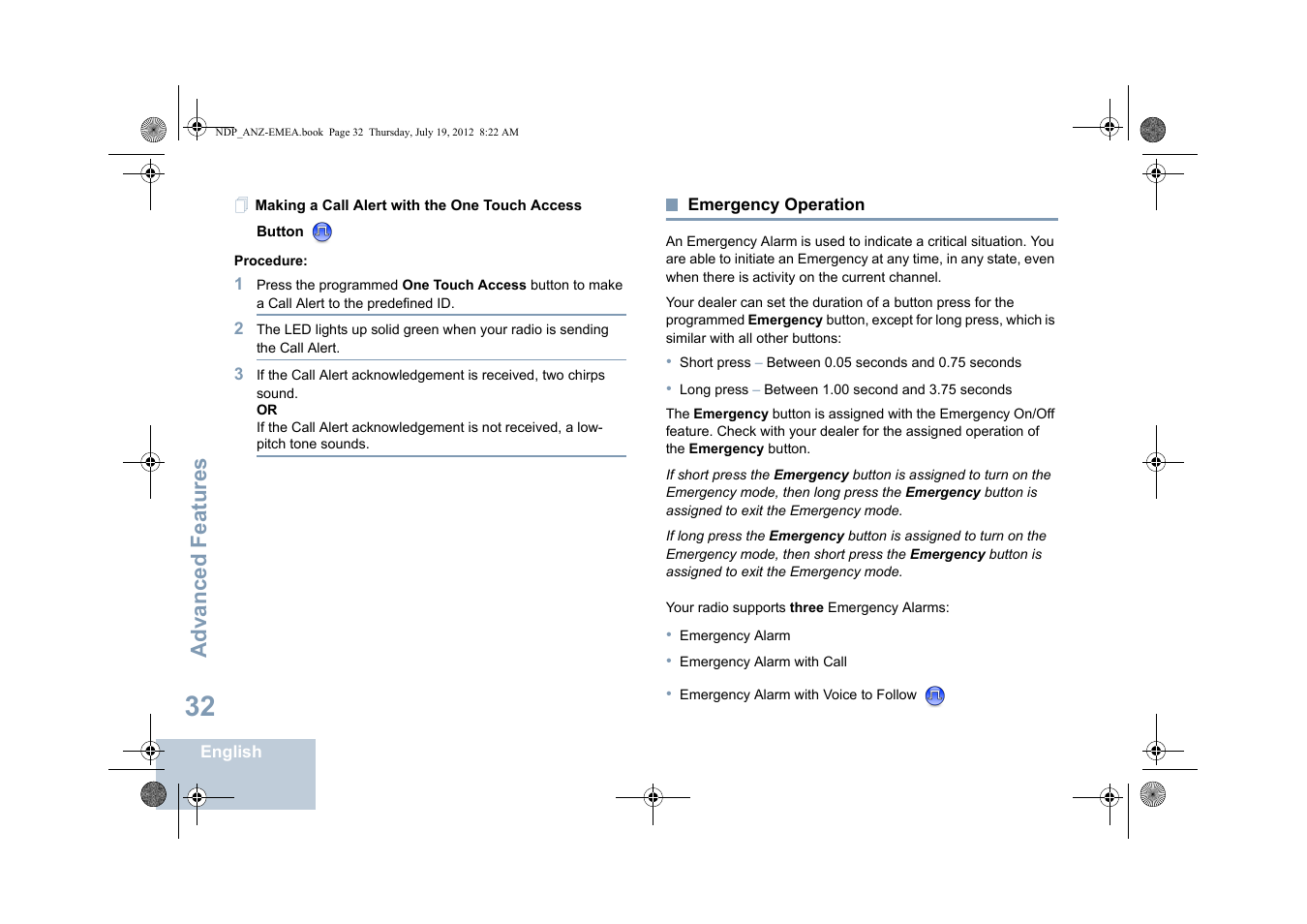 Emergency operation, Advanced features | Motorola DP 2400 User Manual | Page 40 / 472