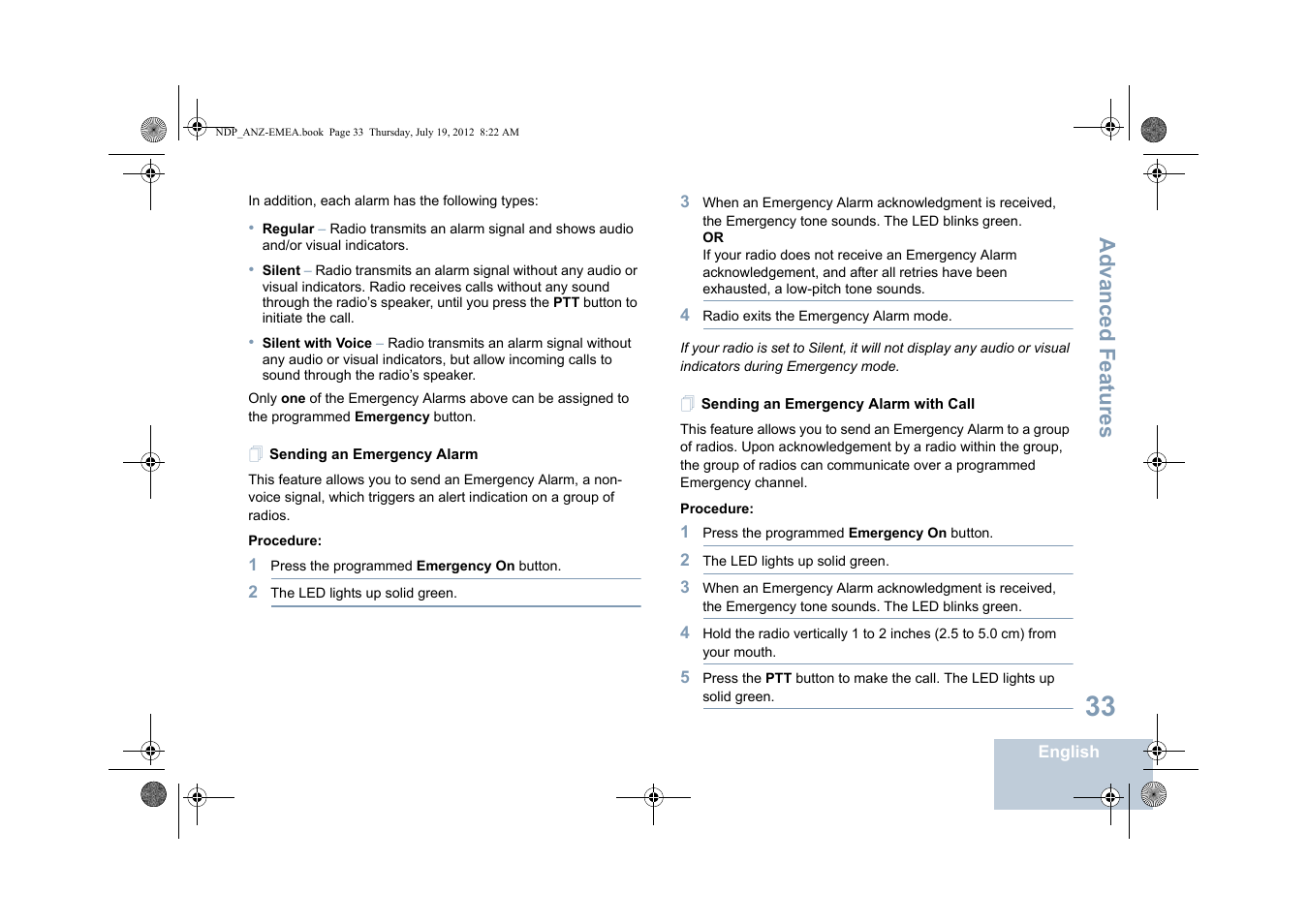 Sending an emergency alarm, Sending an emergency alarm with call, Advanced features | Motorola DP 2400 User Manual | Page 41 / 472