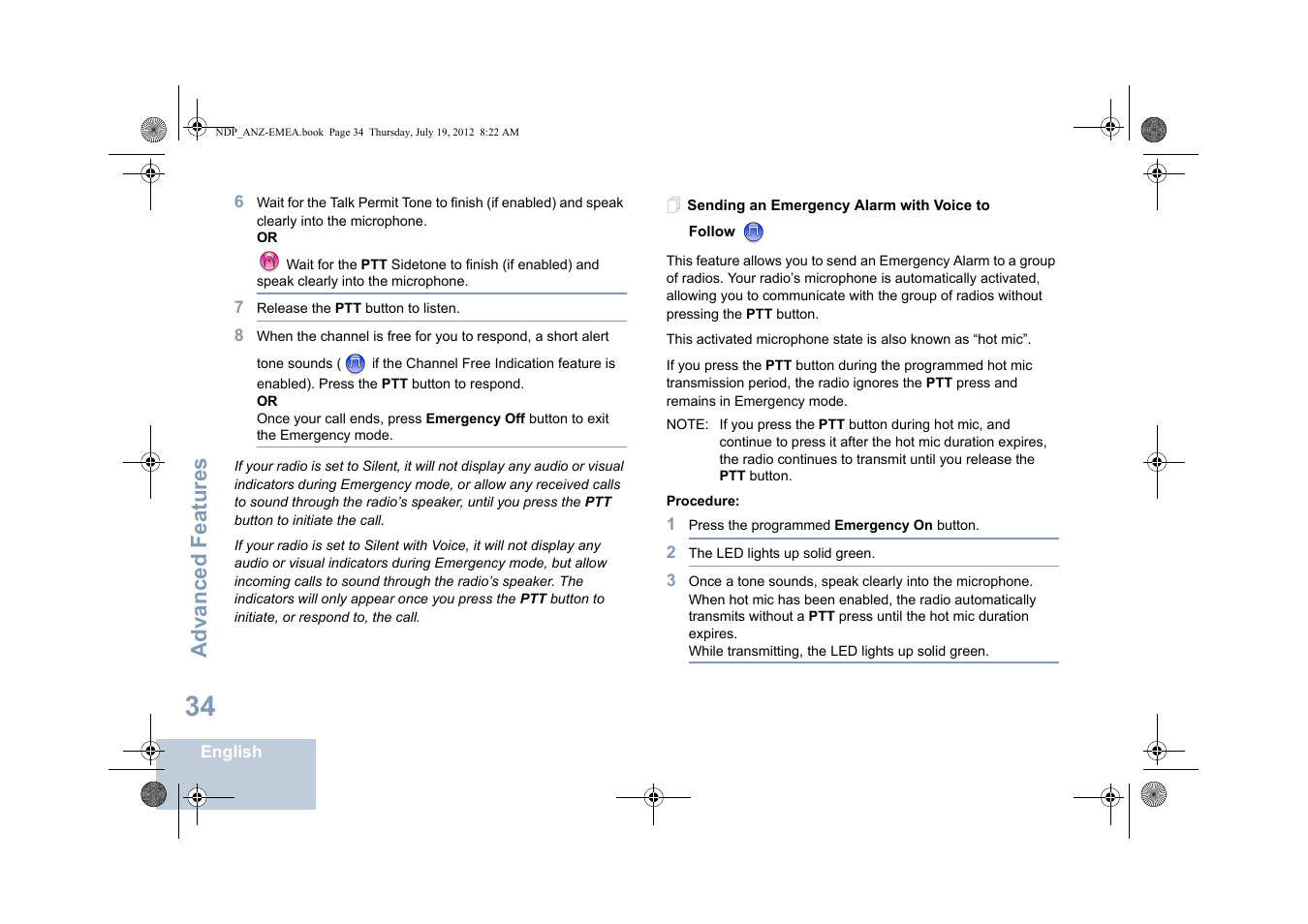 Sending an emergency alarm with voice to follow, Advanced features | Motorola DP 2400 User Manual | Page 42 / 472