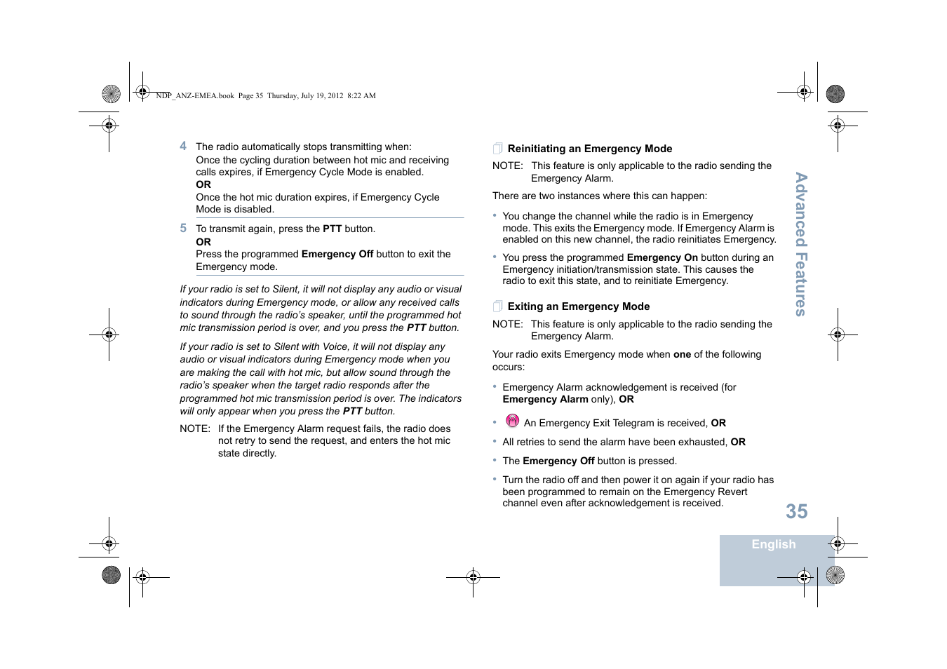 Reinitiating an emergency mode, Exiting an emergency mode, Advanced features | Motorola DP 2400 User Manual | Page 43 / 472