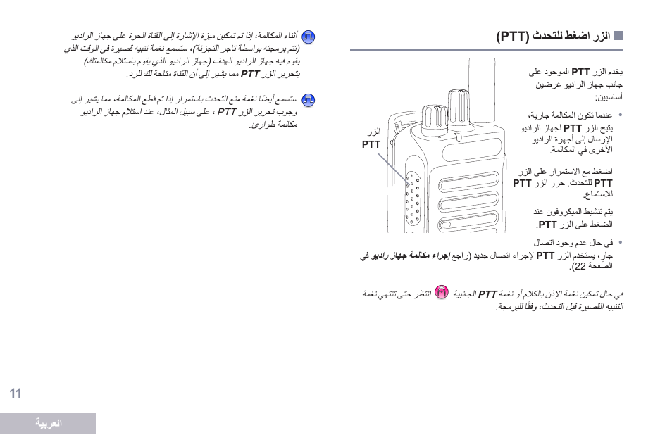 الزر اضغط للتحدث (ptt), 11 ةحفصلا )ptt( ثدحتلل طغضا رزلا | Motorola DP 2400 User Manual | Page 436 / 472