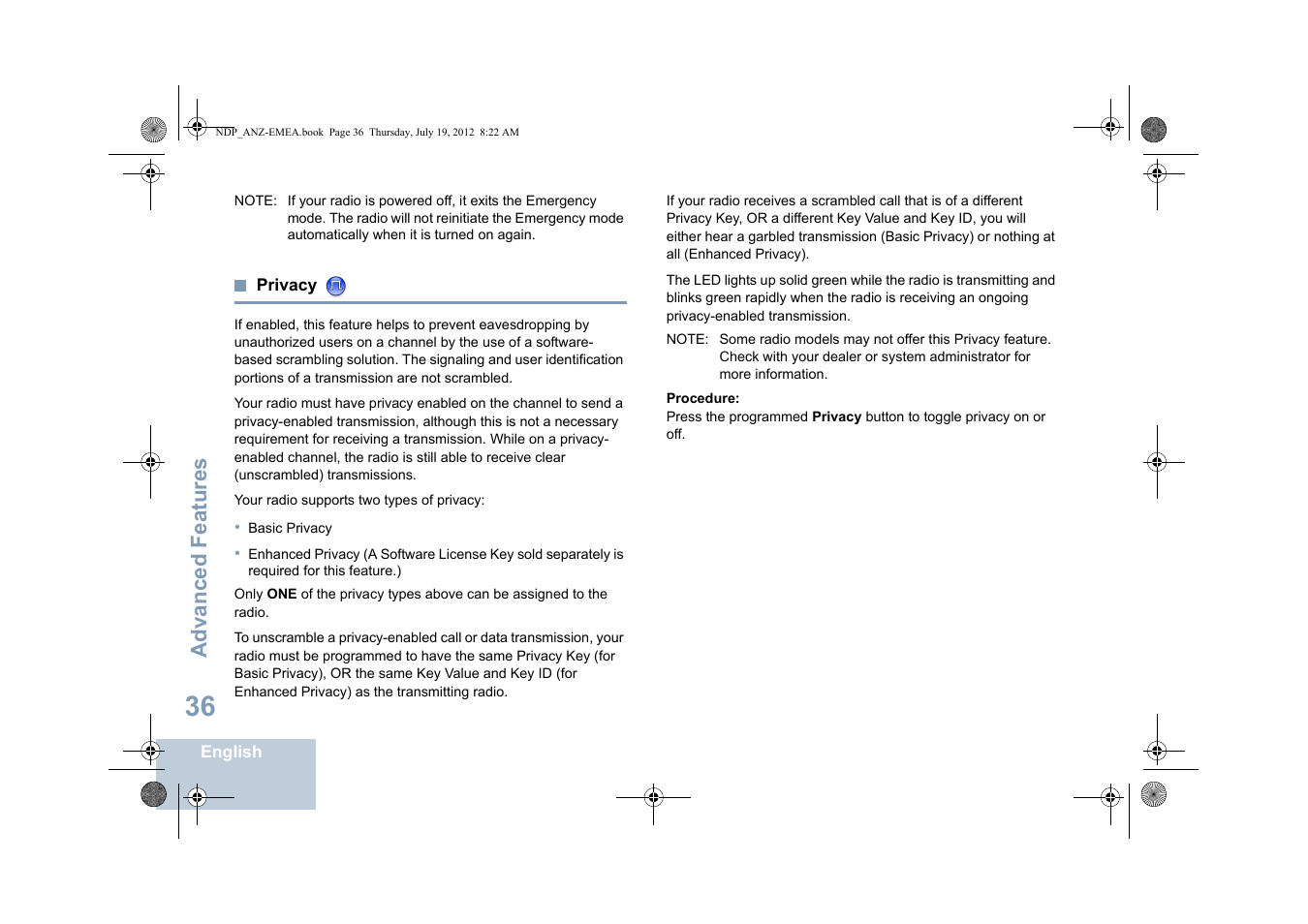 Privacy, Advanced features | Motorola DP 2400 User Manual | Page 44 / 472