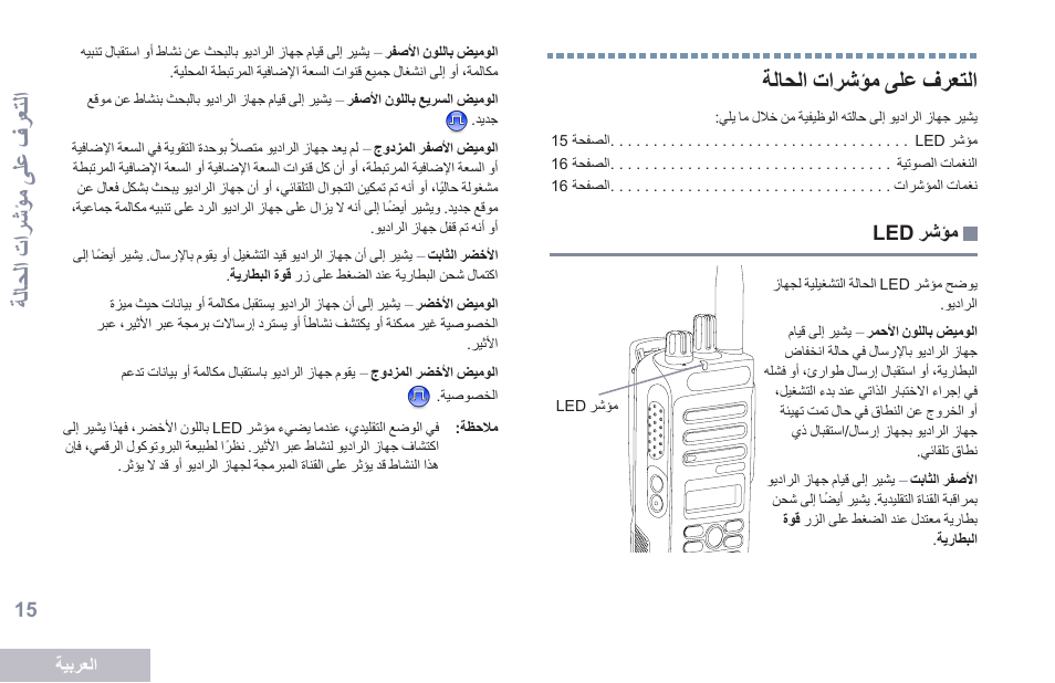 التعرف على مؤشرات الحالة, مؤشر led, 15 ةالوات اترشؤي ىلع فرعتات | التع لف ع فى مؤ رات ا ىحال ف, التعلف عفى مؤ رات اىحالف | Motorola DP 2400 User Manual | Page 440 / 472