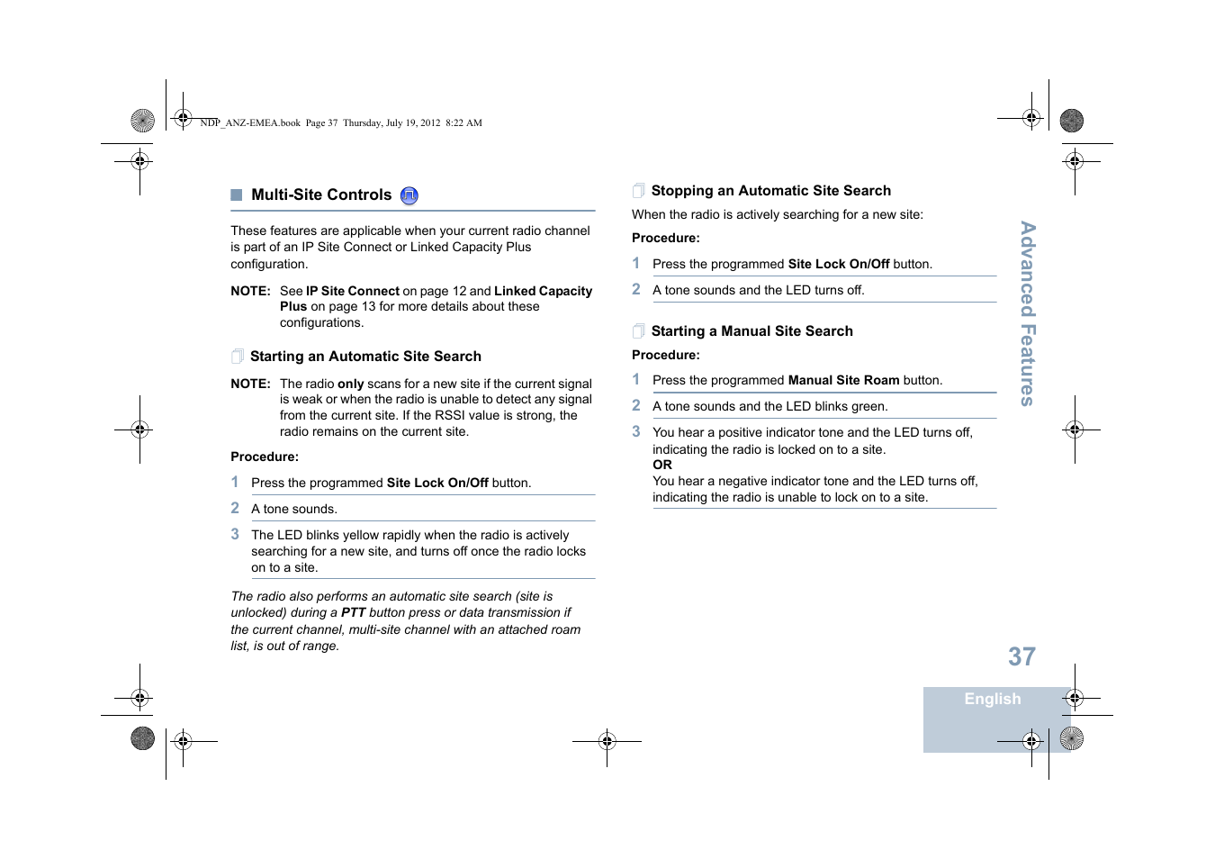 Multi-site controls, Starting an automatic site search, Stopping an automatic site search | Starting a manual site search, Advanced features | Motorola DP 2400 User Manual | Page 45 / 472