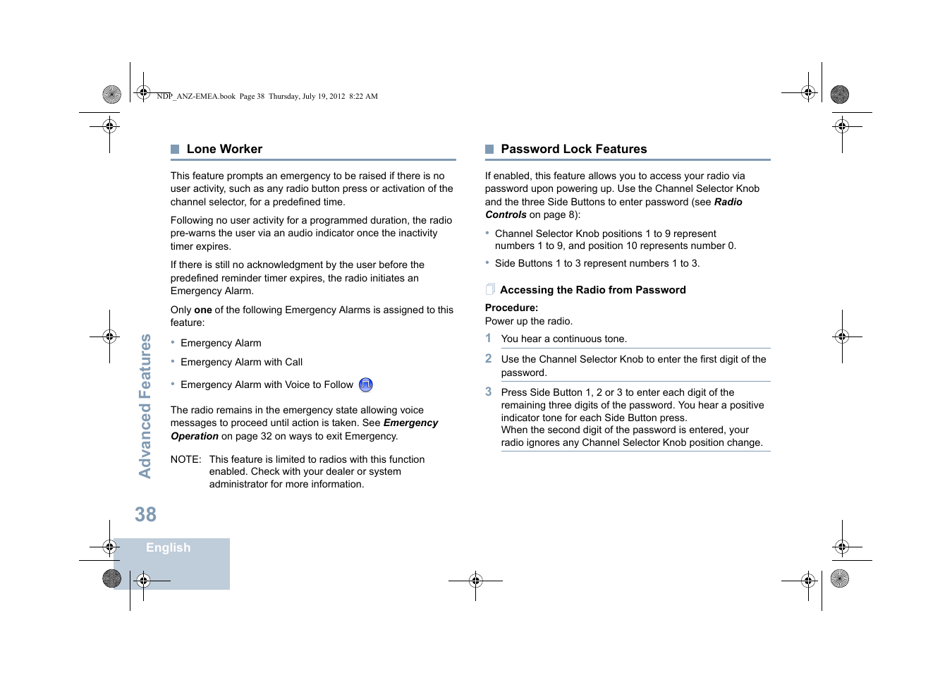 Lone worker, Password lock features, Accessing the radio from password | Lone worker password lock features, Advanced features | Motorola DP 2400 User Manual | Page 46 / 472