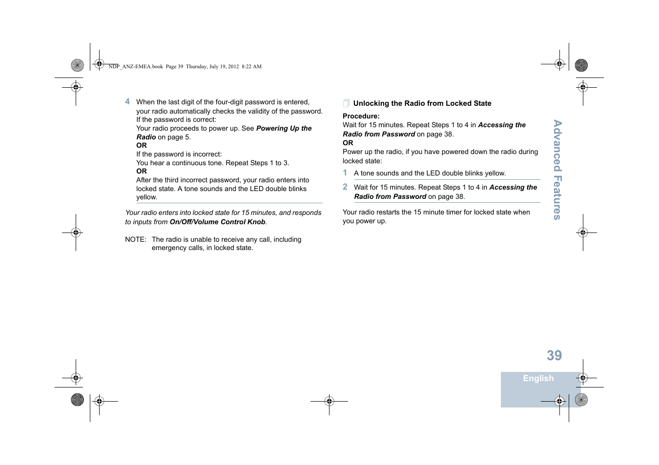 Unlocking the radio from locked state, Advanced features | Motorola DP 2400 User Manual | Page 47 / 472