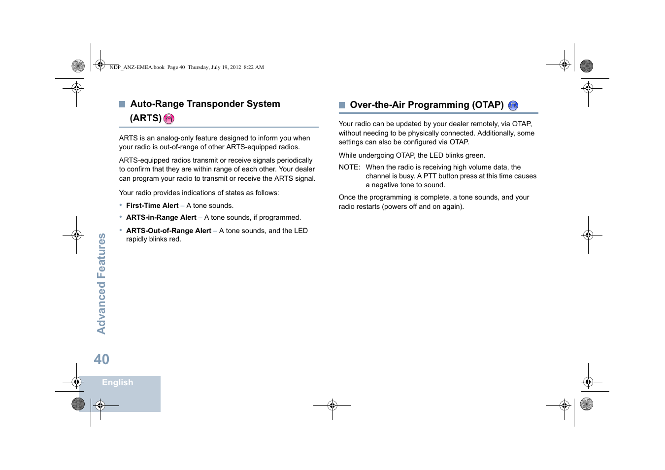 Auto-range transponder system (arts), Over-the-air programming (otap), Advanced features | Motorola DP 2400 User Manual | Page 48 / 472