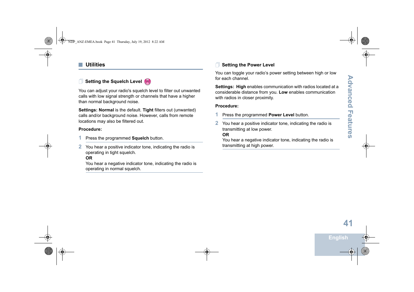 Utilities, Setting the squelch level, Setting the power level | Setting the squelch level setting the power level, Advanced features | Motorola DP 2400 User Manual | Page 49 / 472