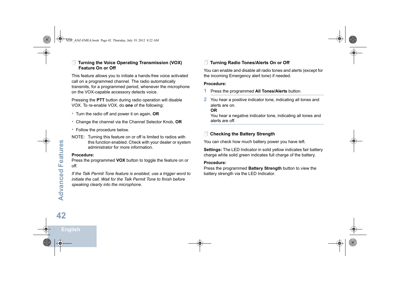 Turning radio tones/alerts on or off, Checking the battery strength, Advanced features | Motorola DP 2400 User Manual | Page 50 / 472