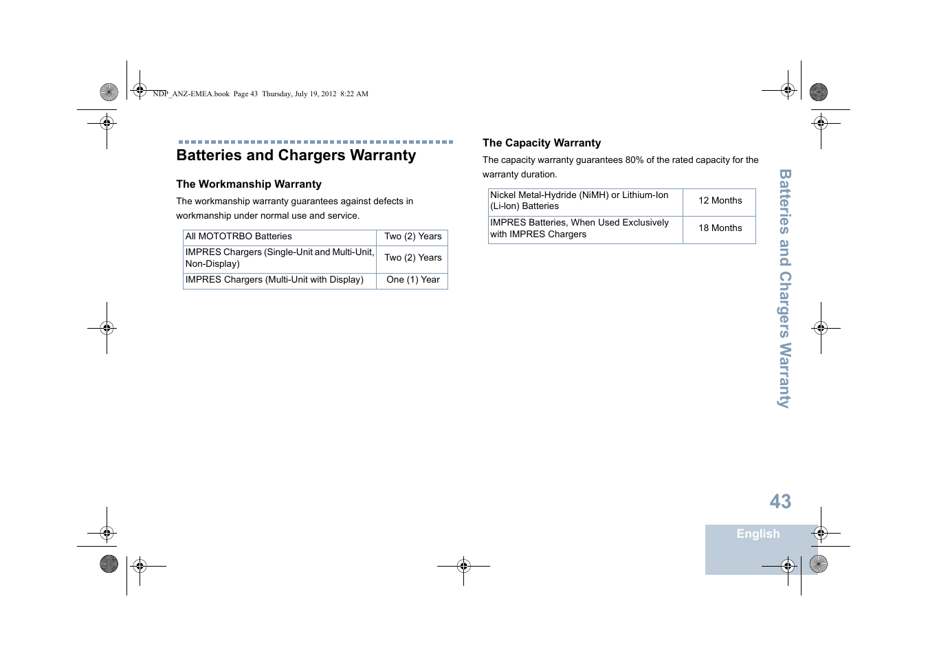 Batteries and chargers warranty, Batteries and chargers w arranty | Motorola DP 2400 User Manual | Page 51 / 472