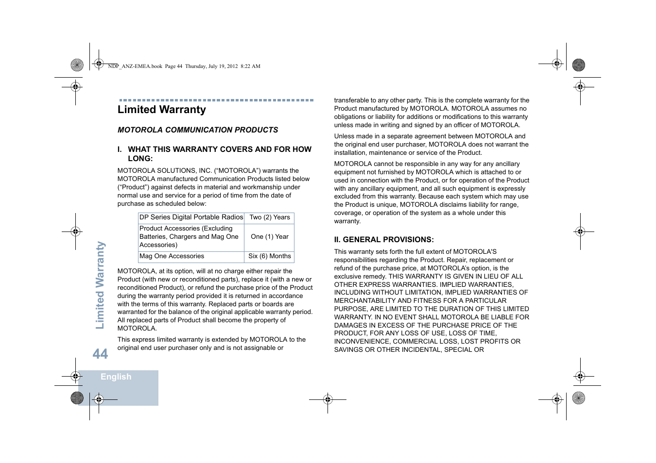 Limited warranty, Limited w arranty | Motorola DP 2400 User Manual | Page 52 / 472