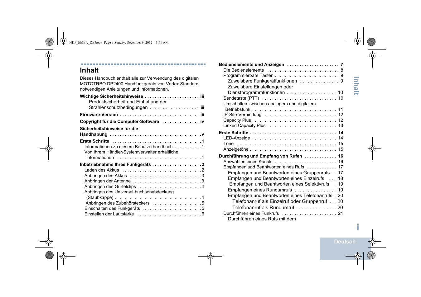 Deutsch, Inhalt | Motorola DP 2400 User Manual | Page 55 / 472