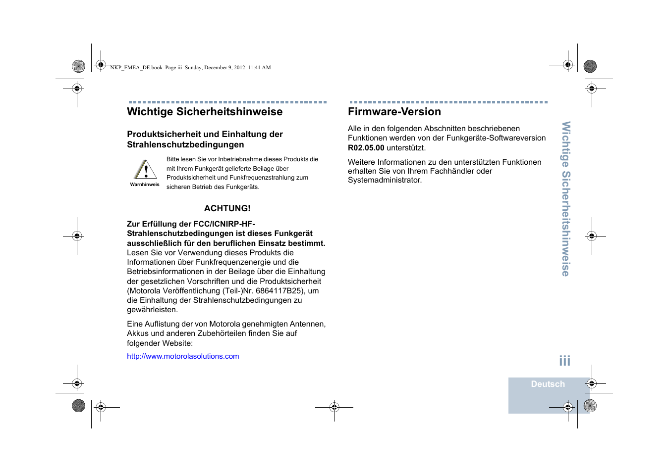 Wichtige sicherheitshinweise, Firmware-version | Motorola DP 2400 User Manual | Page 57 / 472