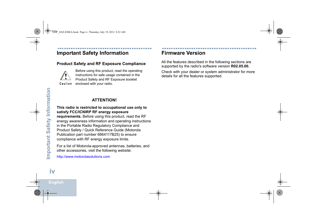 Important safety information, Product safety and rf exposure compliance, Firmware version | Product safety and rf exposure compliance . . .iv | Motorola DP 2400 User Manual | Page 6 / 472