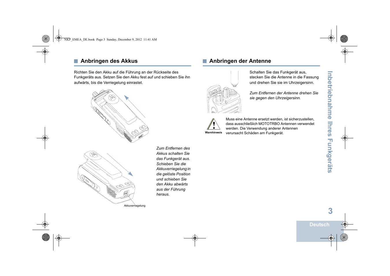 Anbringen des akkus, Anbringen der antenne, Anbringen des akkus anbringen der antenne | Seite 3 anbringen der antenne, Seite 3, Inbetriebnahme ihres funkgerät s | Motorola DP 2400 User Manual | Page 63 / 472