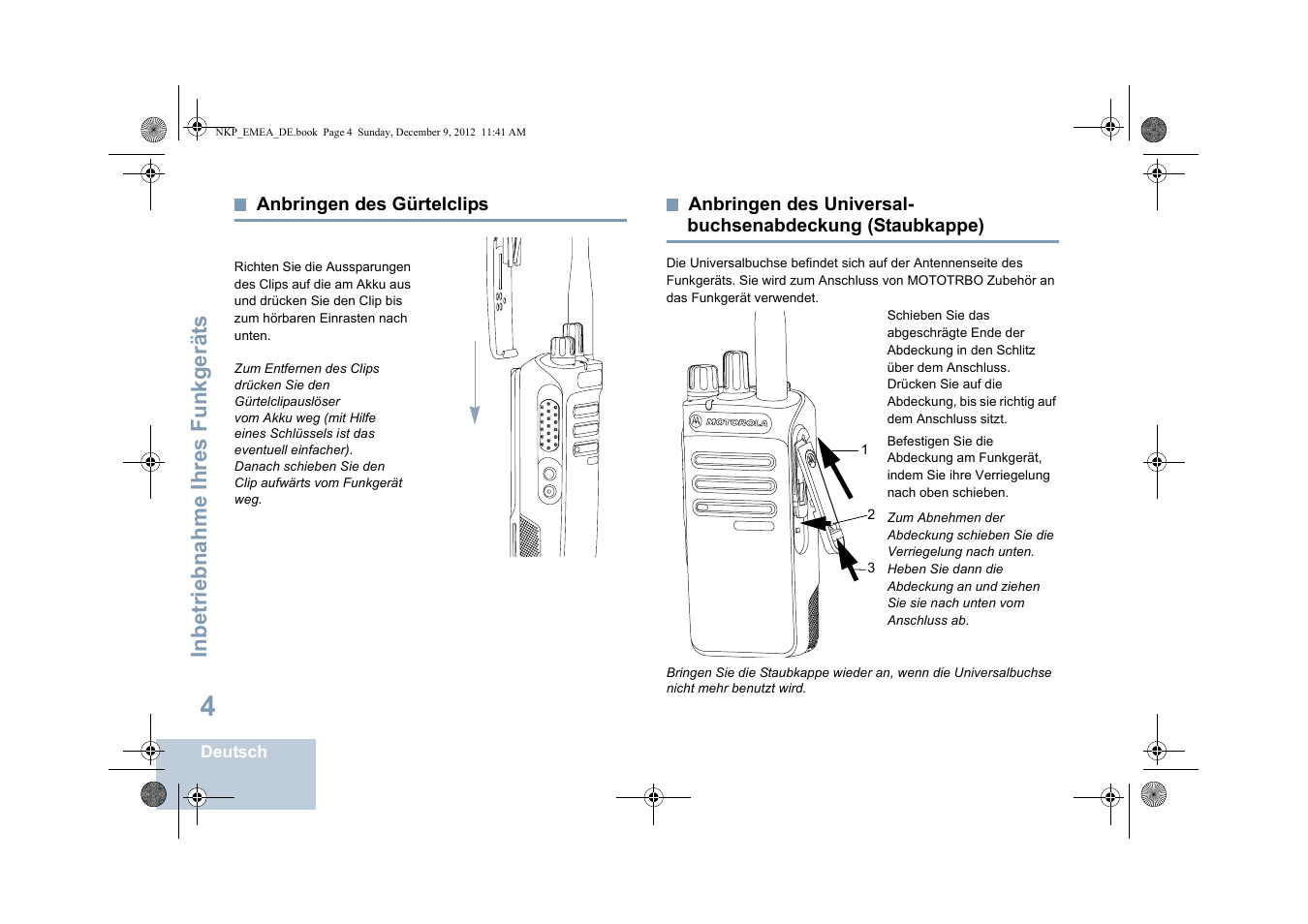 Anbringen des gürtelclips, Staubkappe), Seite 4 | Inbetriebnahme ihres funkgerät s | Motorola DP 2400 User Manual | Page 64 / 472