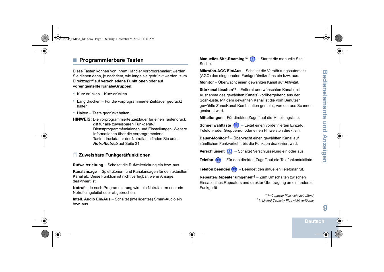 Programmierbare tasten, Zuweisbare funkgerätfunktionen, Seite 9 | Bedienelemente und anzeigen | Motorola DP 2400 User Manual | Page 69 / 472