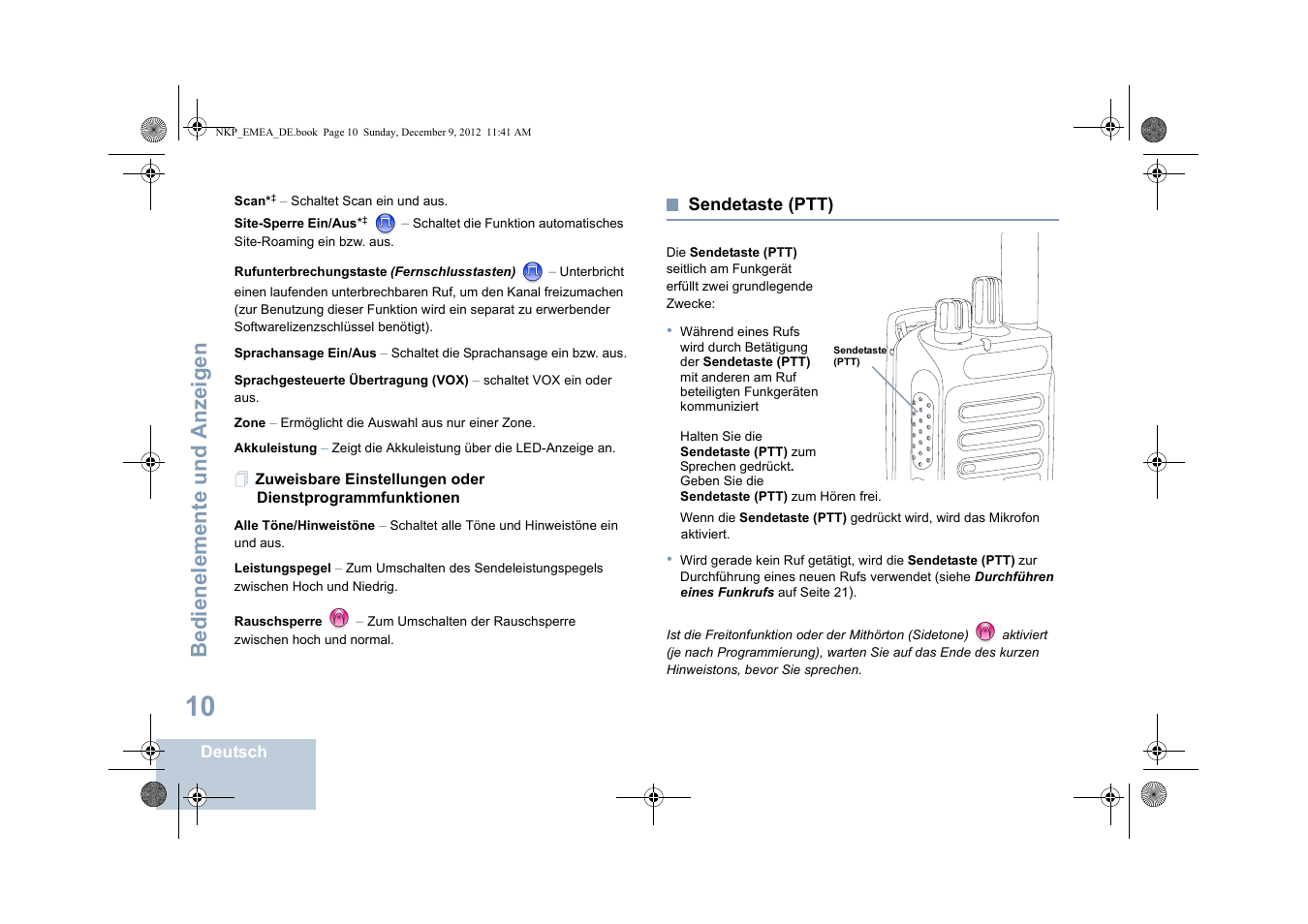 Sendetaste (ptt), Seite 10, Bedienelemente und anzeigen | Motorola DP 2400 User Manual | Page 70 / 472