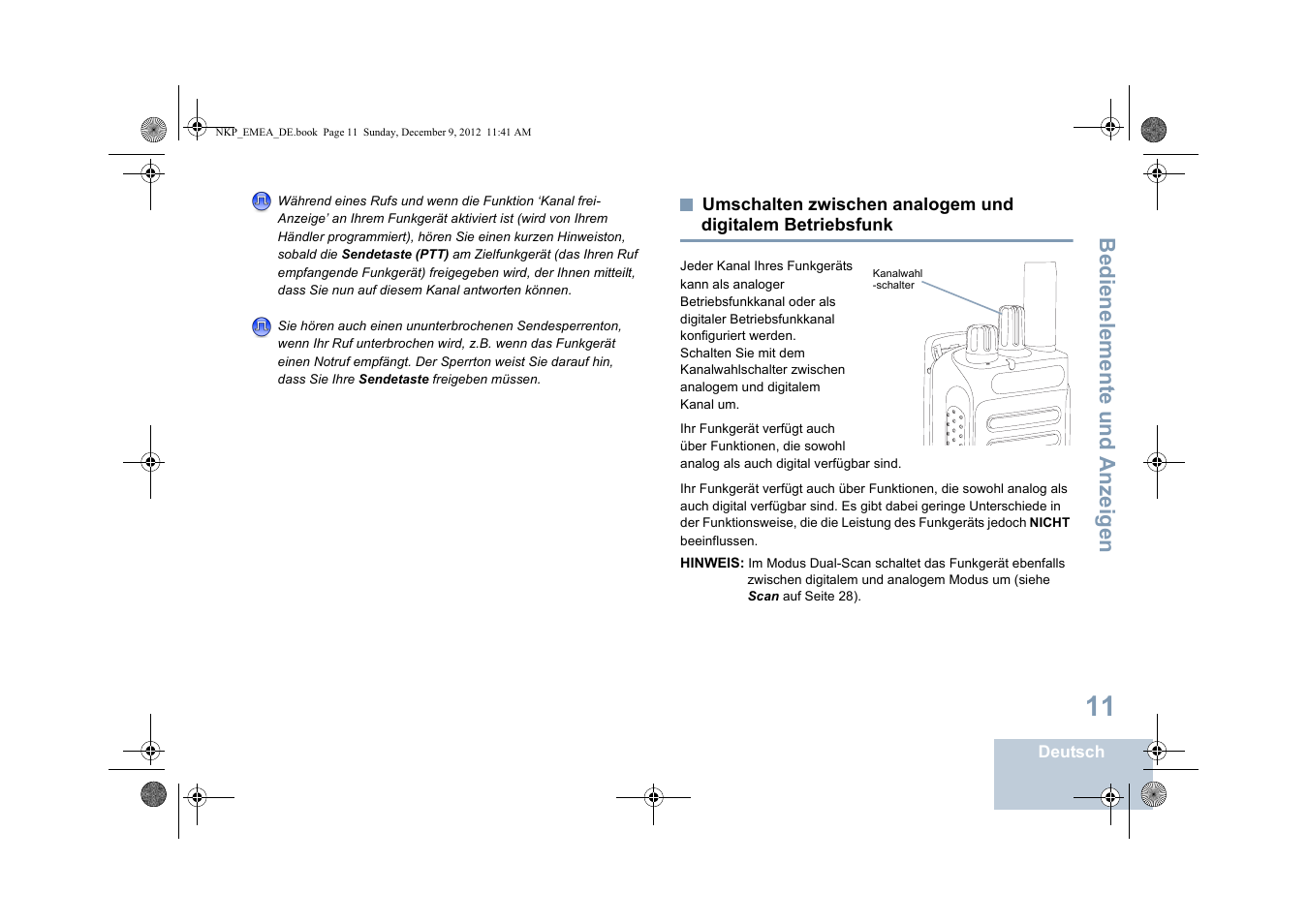 Umschalten zwischen analogem und digitalem, Betriebsfunk, Seite 11 | Bedienelemente und anzeigen | Motorola DP 2400 User Manual | Page 71 / 472