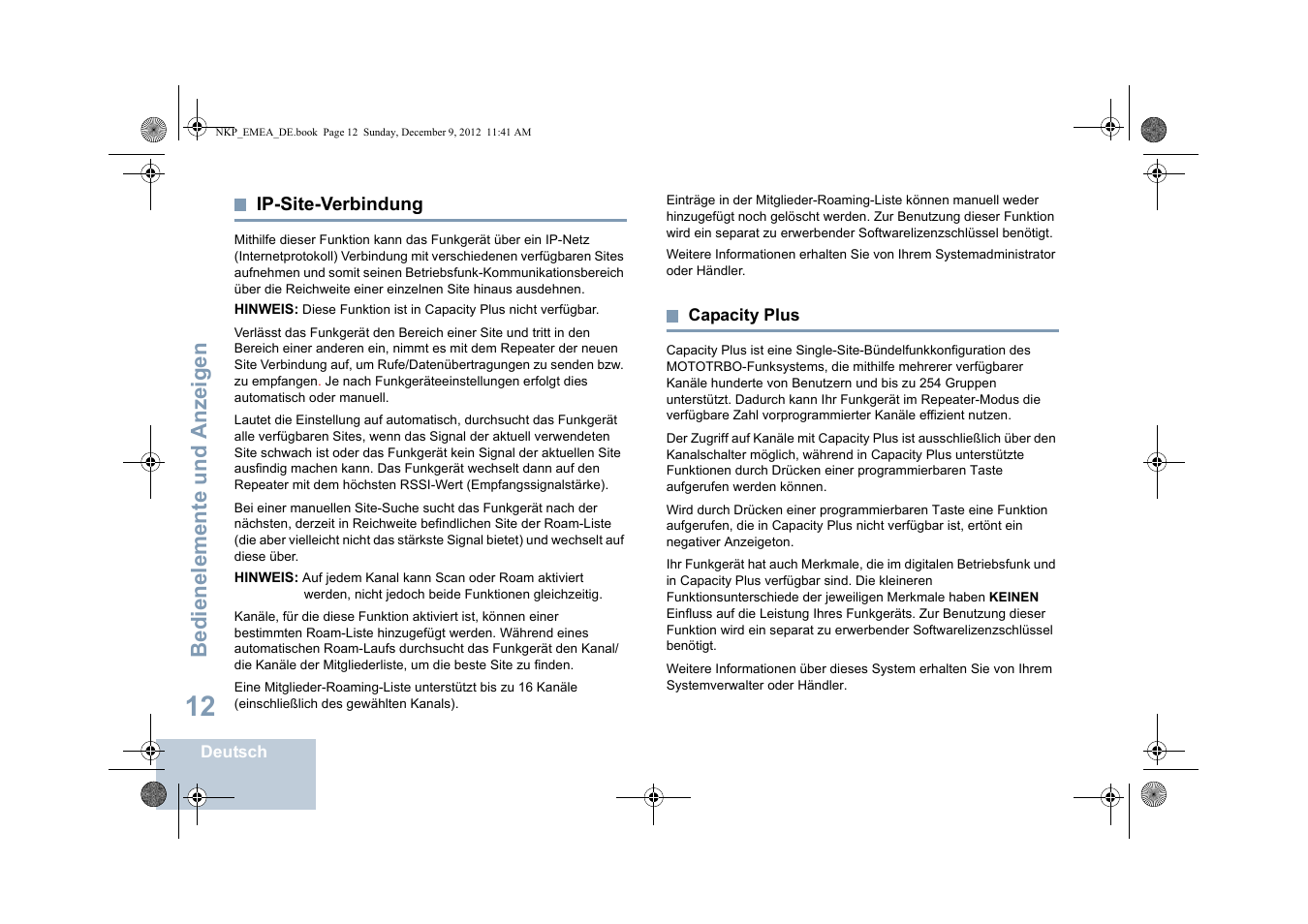 Ip-site-verbindung, Capacity plus, Ip-site-verbindung capacity plus | Ip-site-verbindung a, Seite 12, Seite 12 capacity plus, Bedienelemente und anzeigen | Motorola DP 2400 User Manual | Page 72 / 472