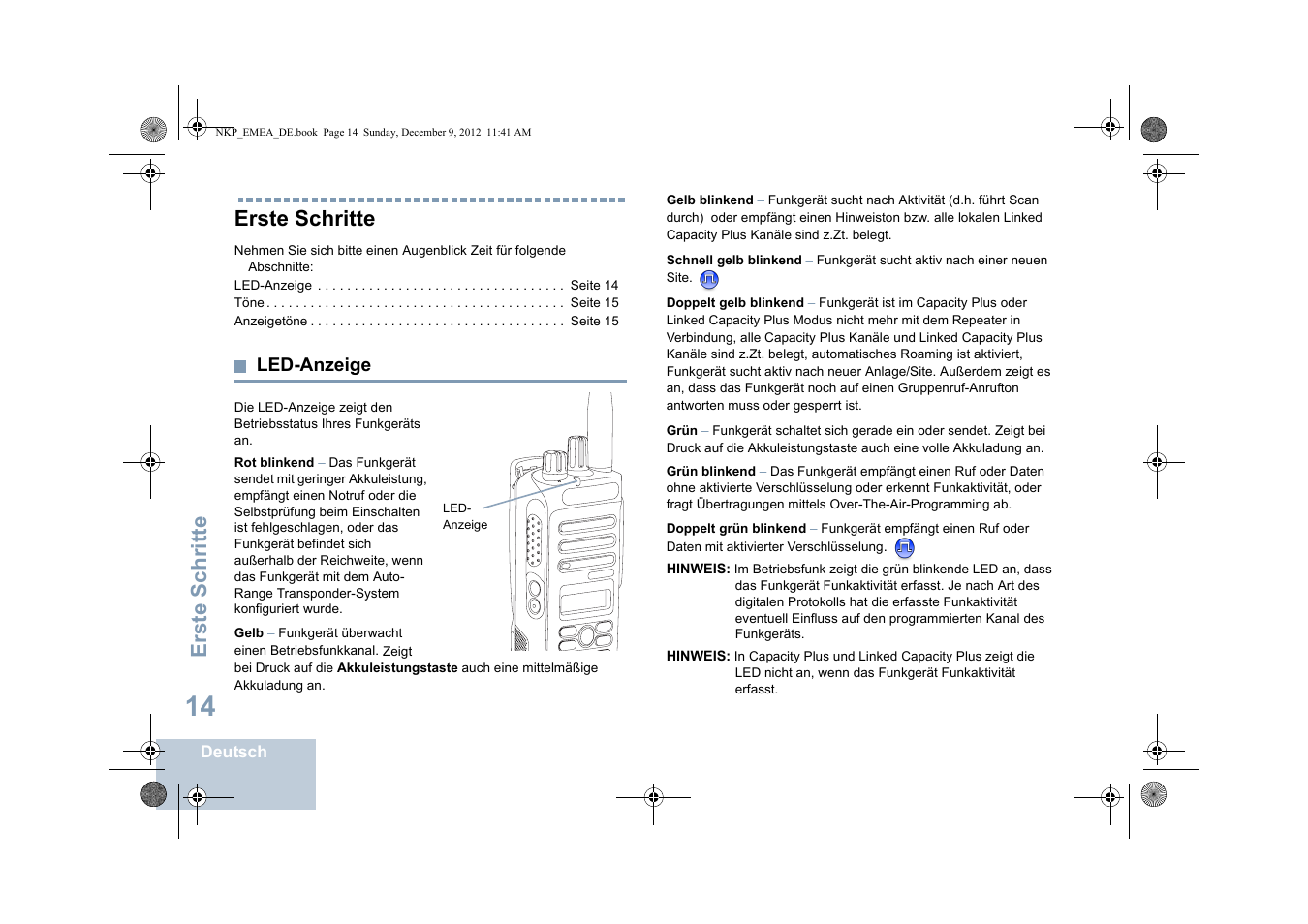 Erste schritte, Led-anzeige | Motorola DP 2400 User Manual | Page 74 / 472