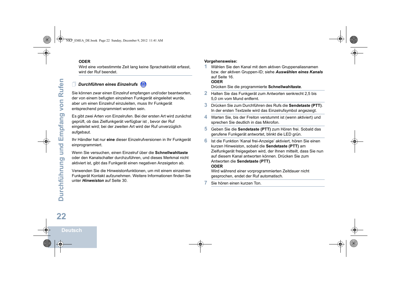 Durchführen eines einzelrufs, Er durchführen eines einzelrufs, F seite 22 | Motorola DP 2400 User Manual | Page 82 / 472