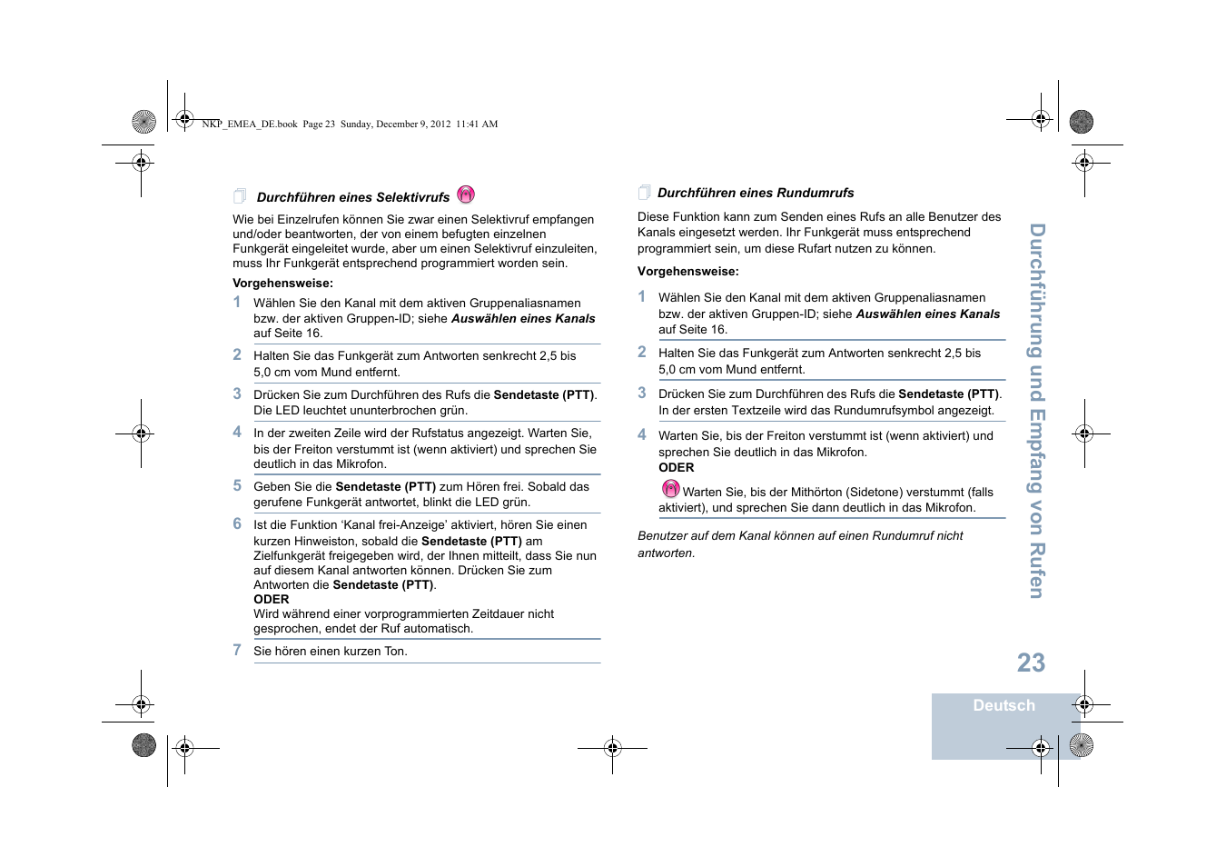 Durchführen eines selektivrufs, Durchführen eines rundumrufs | Motorola DP 2400 User Manual | Page 83 / 472