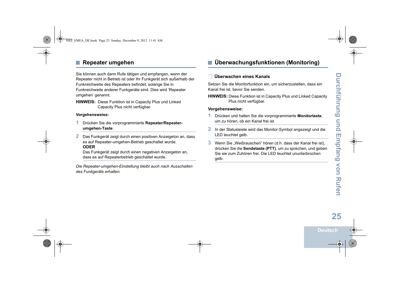 Repeater umgehen, Überwachungsfunktionen (monitoring), Überwachen eines kanals | Seite 25 überwachungsfunktionen (monitoring), Seite 25 | Motorola DP 2400 User Manual | Page 85 / 472