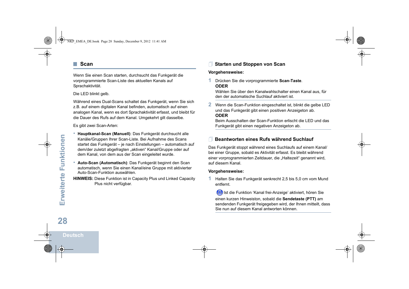 Scan, Starten und stoppen von scan, Beantworten eines rufs während suchlauf | Seite 28, Erweiterte funktionen | Motorola DP 2400 User Manual | Page 88 / 472