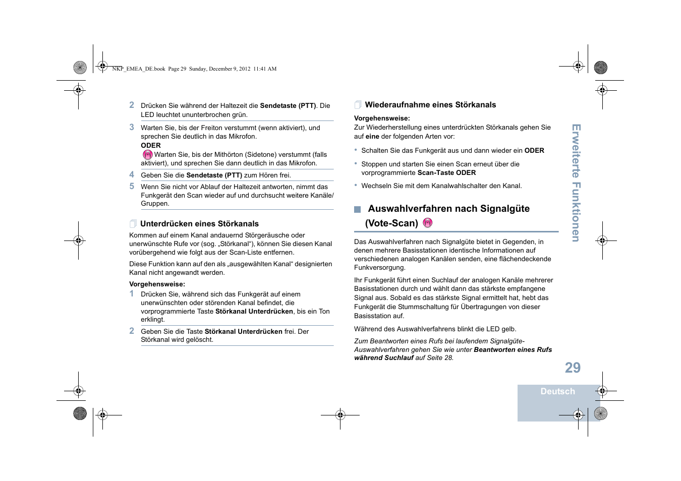 Unterdrücken eines störkanals, Wiederaufnahme eines störkanals, Auswahlverfahren nach signalgüte (vote-scan) | Auswahlverfahren nach signalgüte, Vote-scan), Seite 29, Erweiterte funktionen | Motorola DP 2400 User Manual | Page 89 / 472