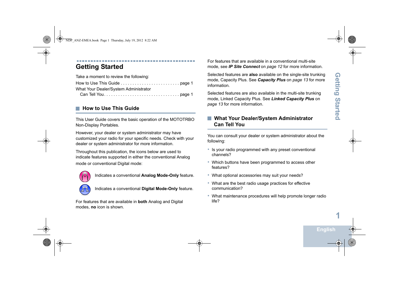 Getting started, How to use this guide, What your dealer/system administrator can tell you | Can tell you, Getting s tarted | Motorola DP 2400 User Manual | Page 9 / 472