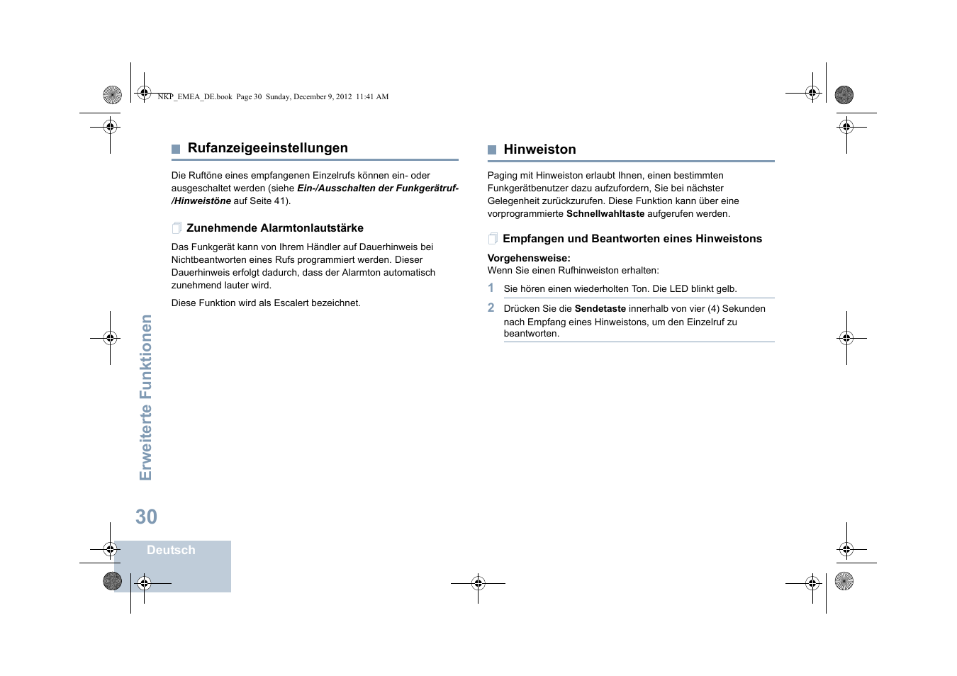 Rufanzeigeeinstellungen, Zunehmende alarmtonlautstärke, Hinweiston | Empfangen und beantworten eines hinweistons, Seite 30, Seite 30 hinweiston, Erweiterte funktionen | Motorola DP 2400 User Manual | Page 90 / 472