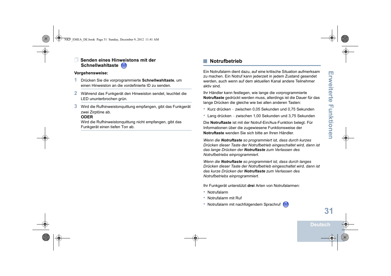 Senden eines hinweistons mit der schnellwahltaste, Notrufbetrieb, Seite 31 | Erweiterte funktionen | Motorola DP 2400 User Manual | Page 91 / 472