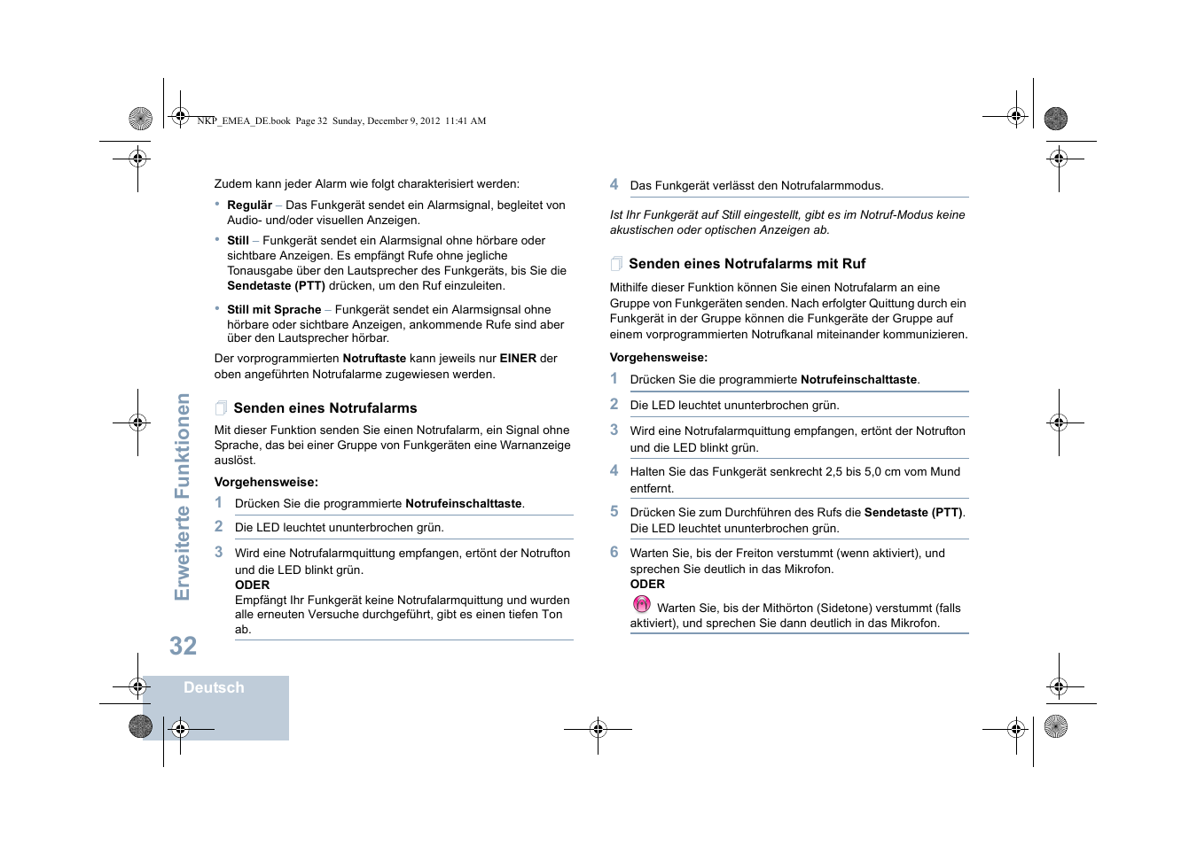 Senden eines notrufalarms, Senden eines notrufalarms mit ruf, Erweiterte funktionen | Motorola DP 2400 User Manual | Page 92 / 472