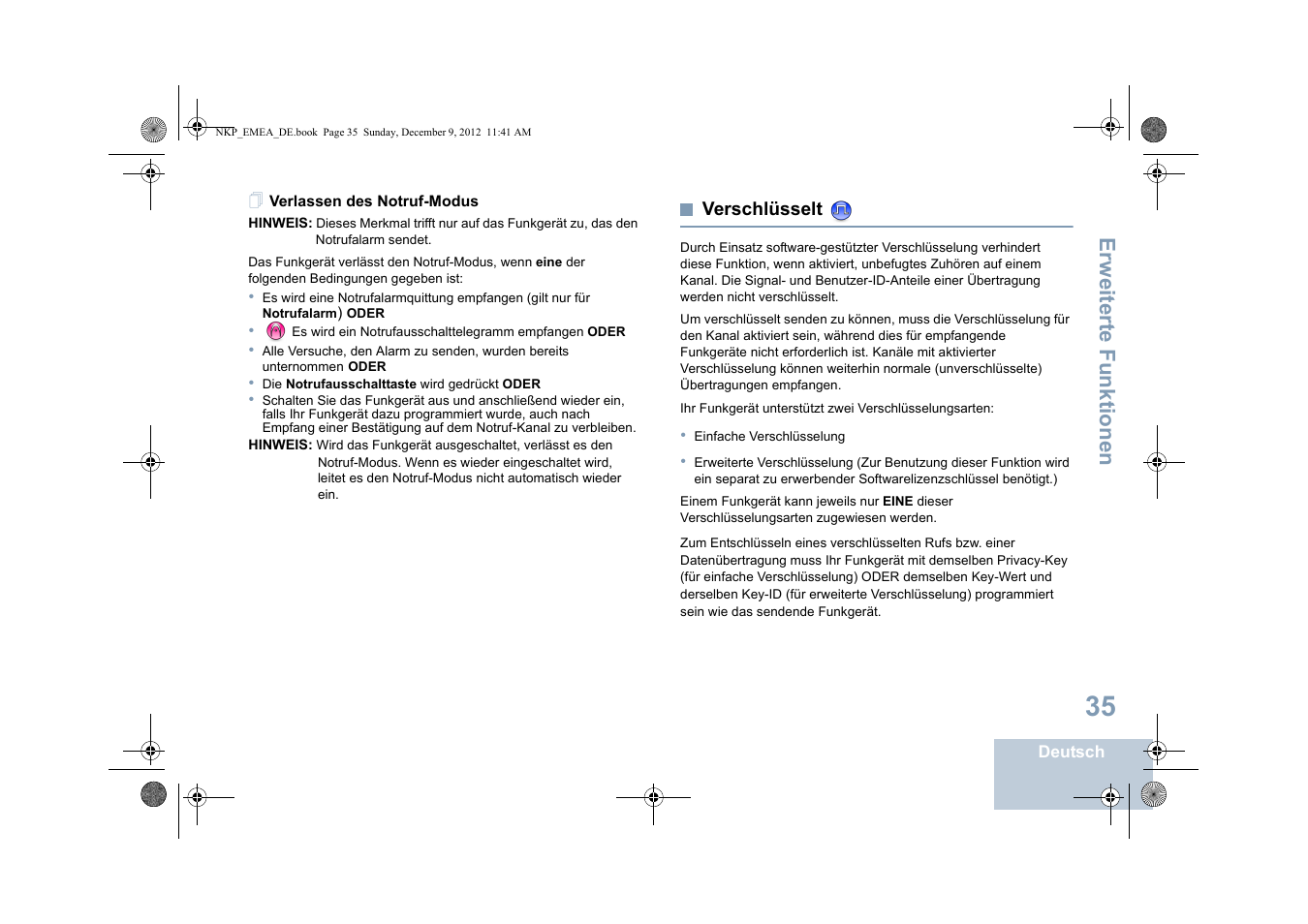 Verlassen des notruf-modus, Verschlüsselt, Seite 35 | Erweiterte funktionen | Motorola DP 2400 User Manual | Page 95 / 472