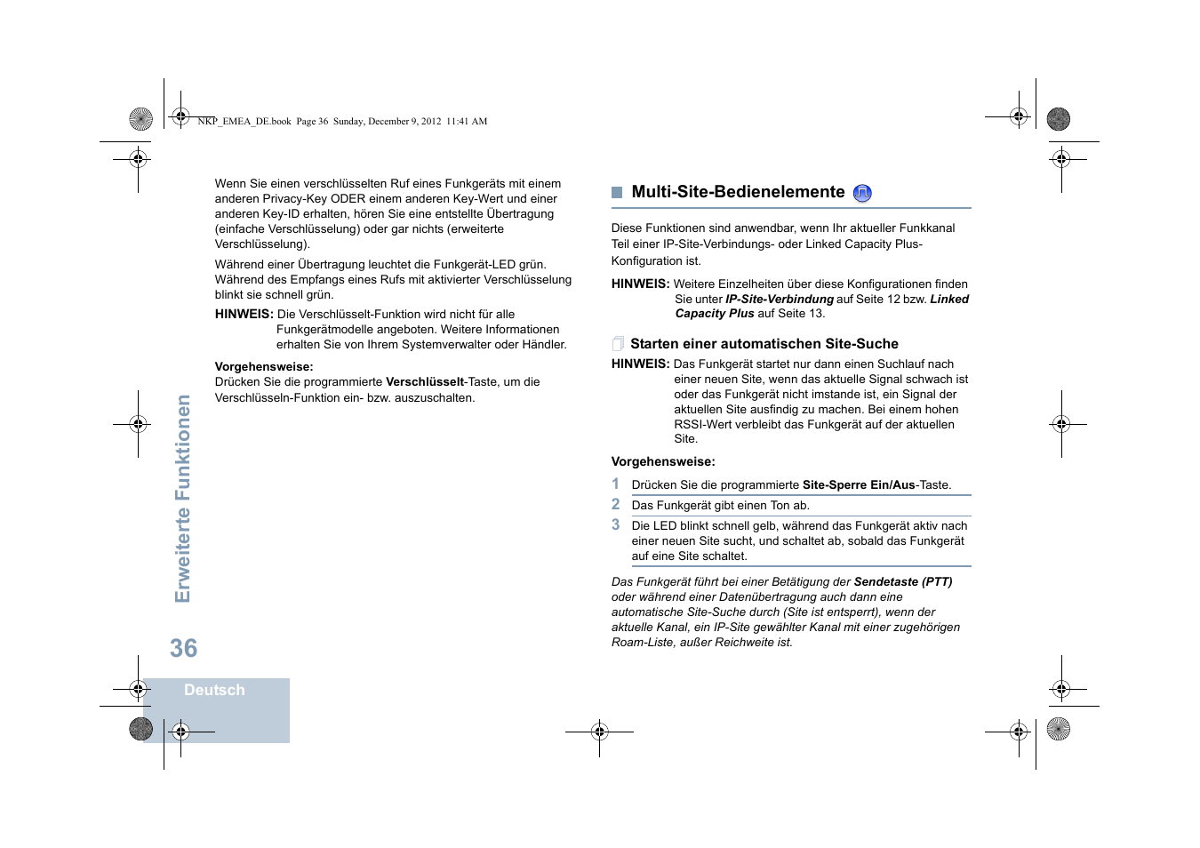 Multi-site-bedienelemente, Starten einer automatischen site-suche, Seite 36 | Erweiterte funktionen | Motorola DP 2400 User Manual | Page 96 / 472