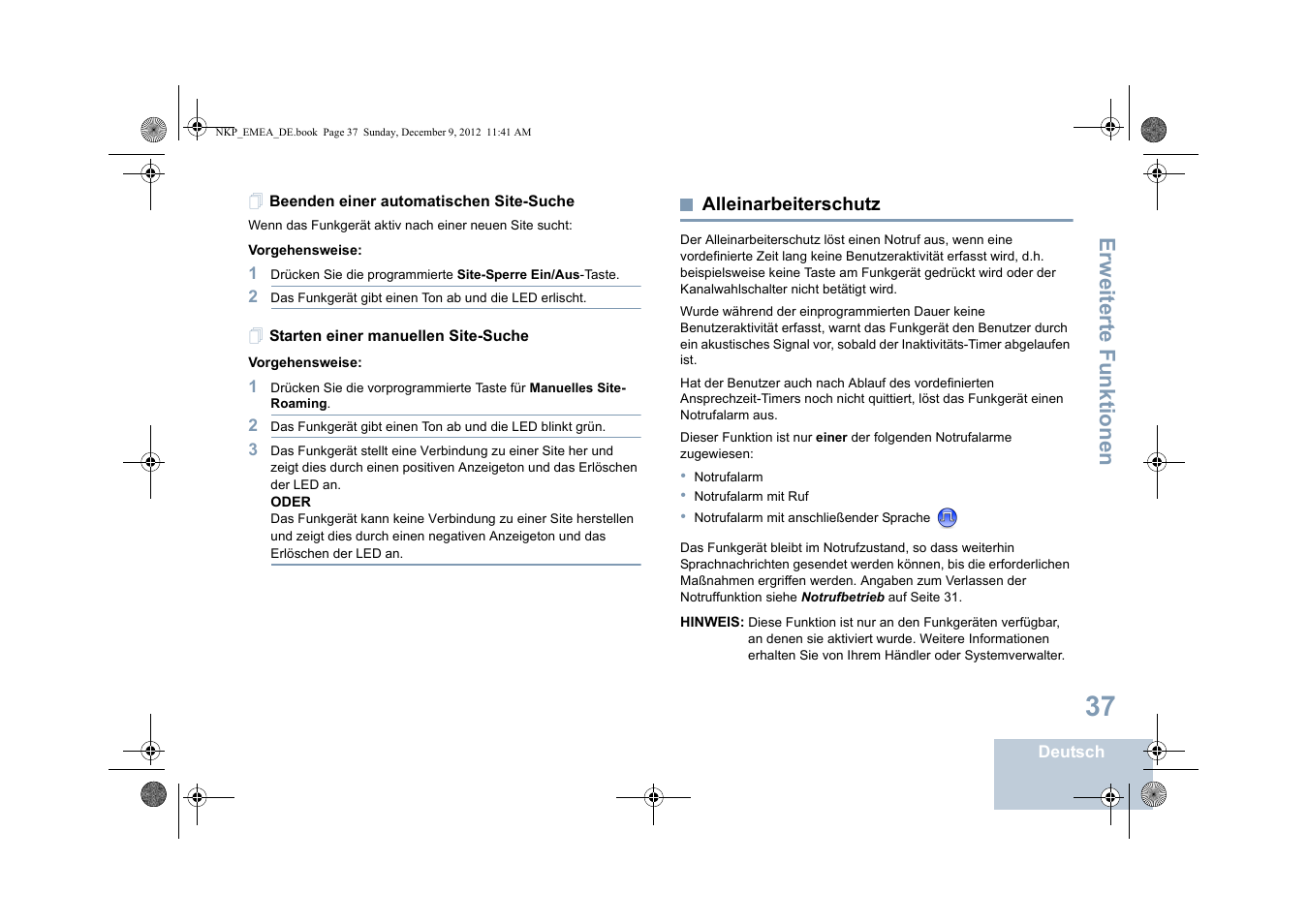 Beenden einer automatischen site-suche, Starten einer manuellen site-suche, Alleinarbeiterschutz | Seite 37, Erweiterte funktionen | Motorola DP 2400 User Manual | Page 97 / 472