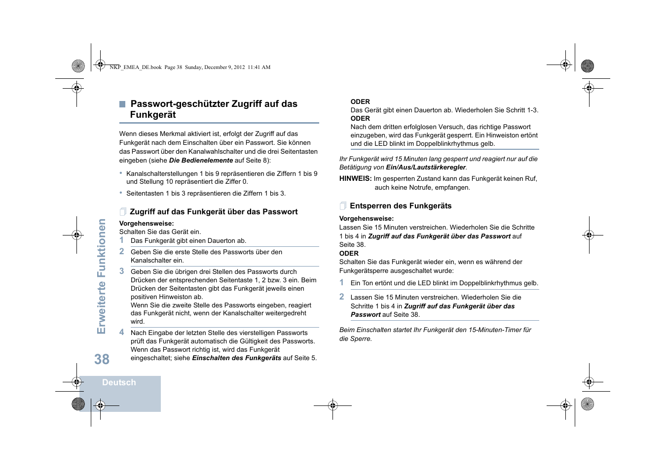 Passwort-geschützter zugriff auf das funkgerät, Zugriff auf das funkgerät über das passwort, Entsperren des funkgeräts | Seite 38, Erweiterte funktionen | Motorola DP 2400 User Manual | Page 98 / 472