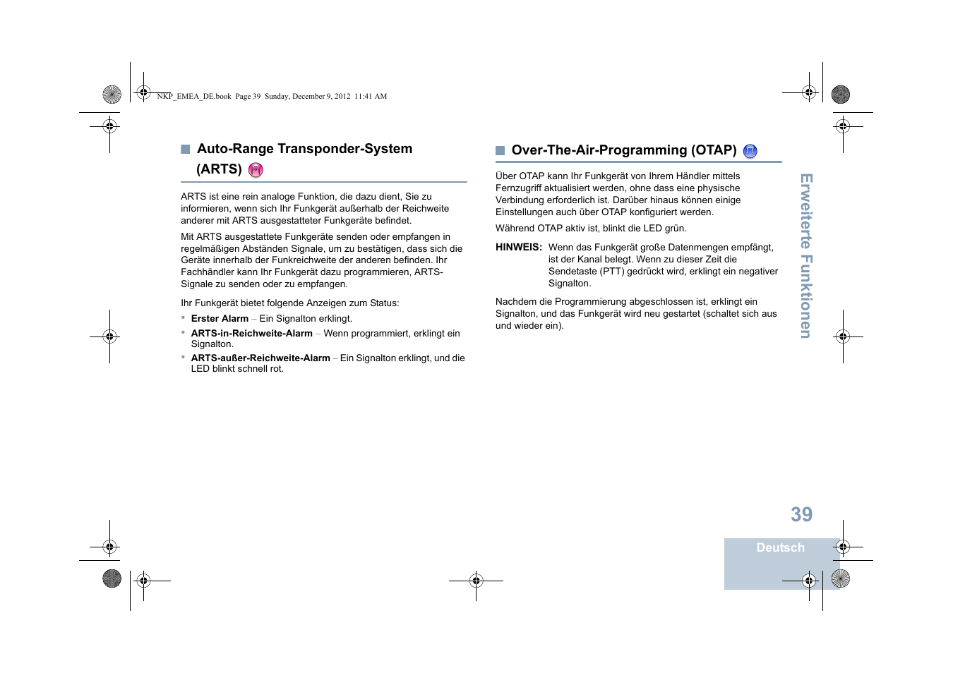 Auto-range transponder-system (arts), Over-the-air-programming (otap), Seite 39 over-the-air-programming (otap) | Seite 39, Erweiterte funktionen | Motorola DP 2400 User Manual | Page 99 / 472