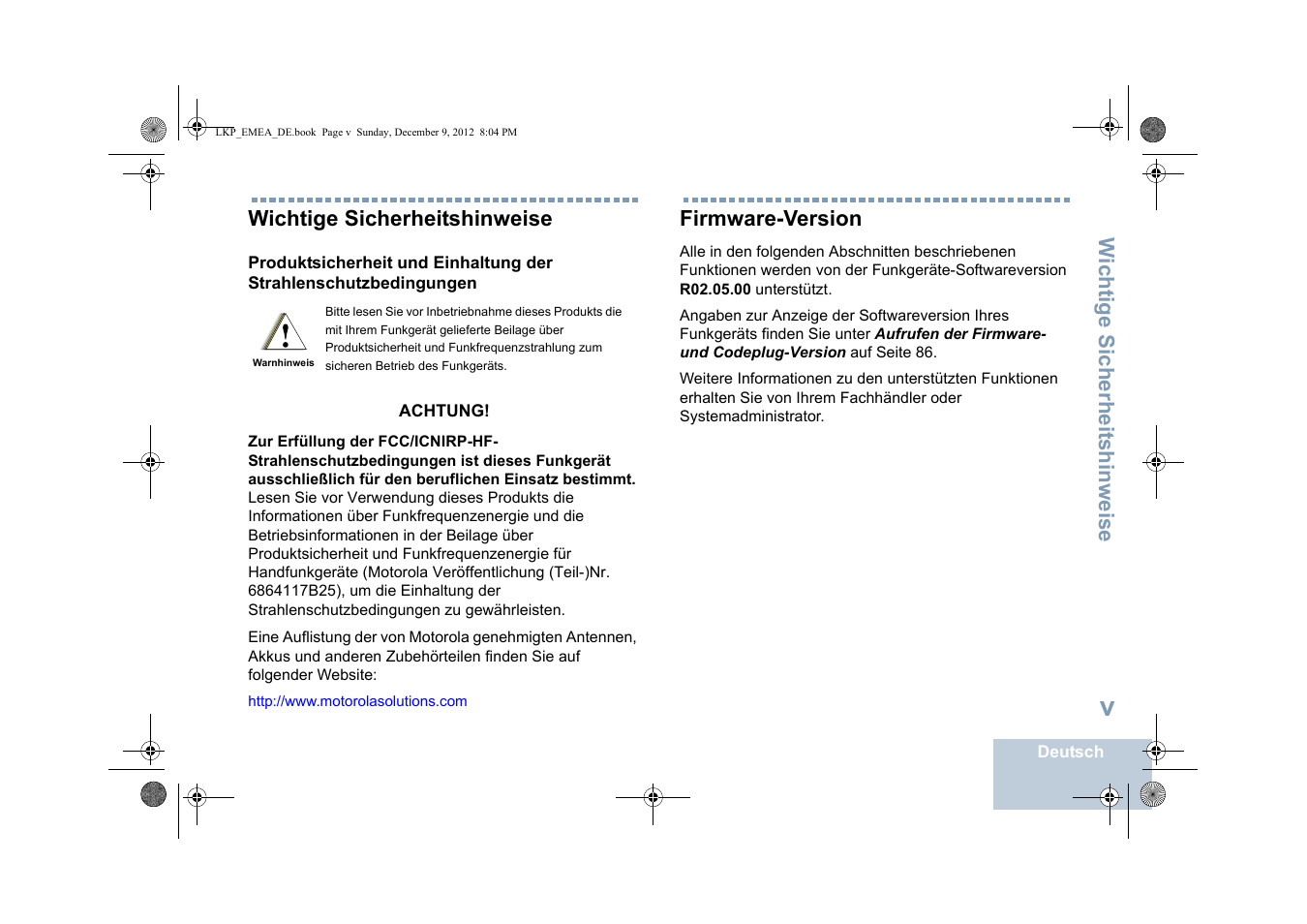 Wichtige sicherheitshinweise, Firmware-version | Motorola DP 2600 User Manual | Page 103 / 900