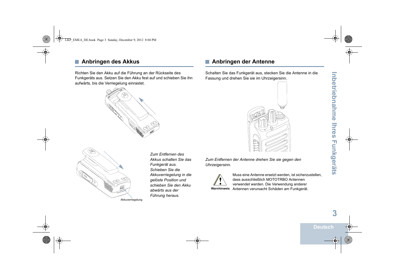 Anbringen des akkus, Anbringen der antenne, Anbringen des akkus anbringen der antenne | Seite 3 anbringen der antenne, Seite 3, Inbetriebnahme ihres funkgerät s | Motorola DP 2600 User Manual | Page 109 / 900