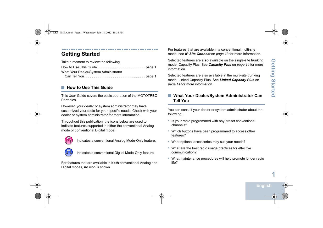 Getting started, How to use this guide, What your dealer/system administrator can tell you | Can tell you, Getting s tarted | Motorola DP 2600 User Manual | Page 11 / 900