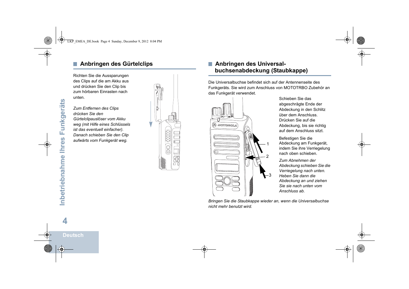 Anbringen des gürtelclips, Staubkappe), Seite 4 | Inbetriebnahme ihres funkgerät s | Motorola DP 2600 User Manual | Page 110 / 900