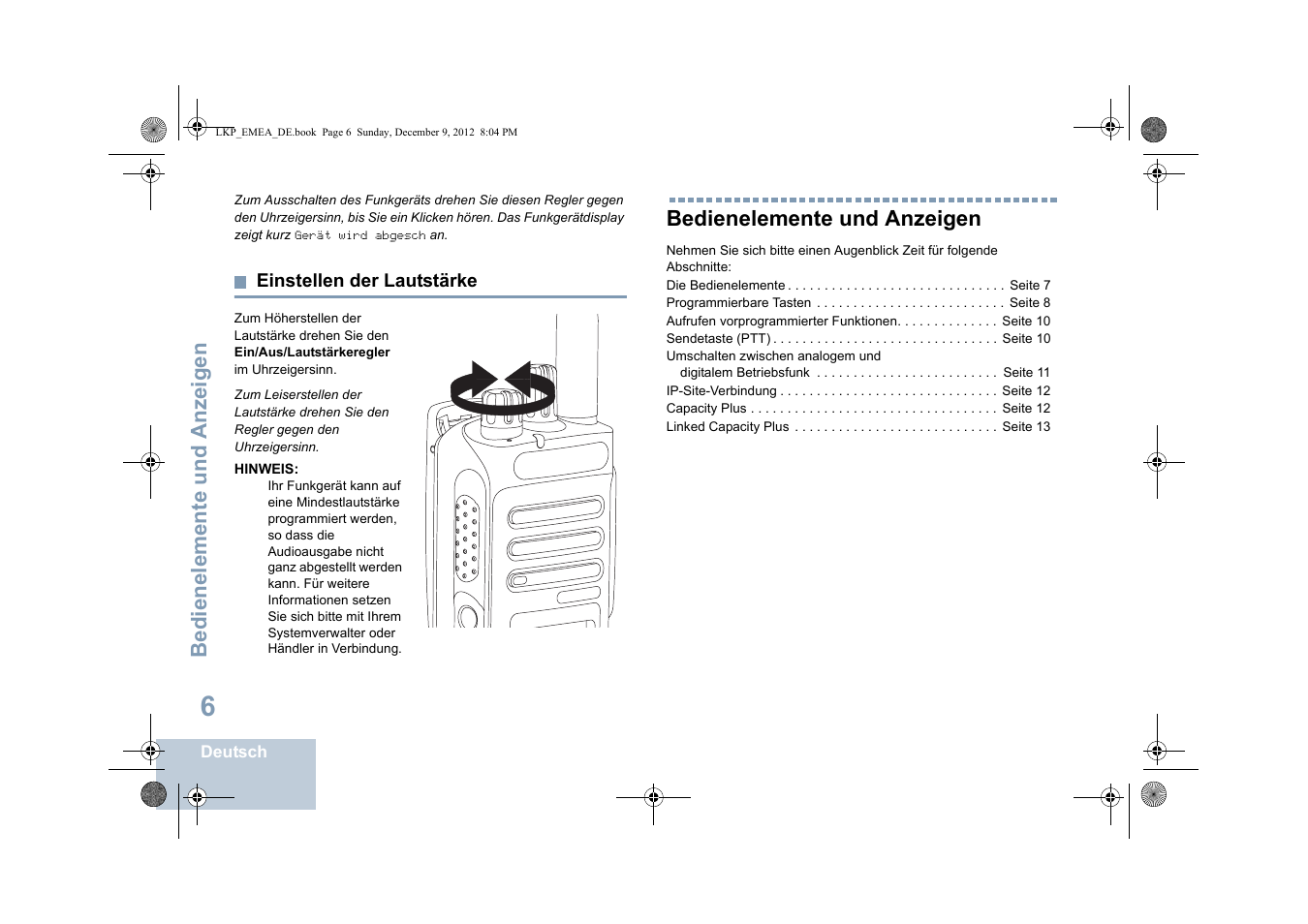 Einstellen der lautstärke, Bedienelemente und anzeigen, Seite 6 | Motorola DP 2600 User Manual | Page 112 / 900