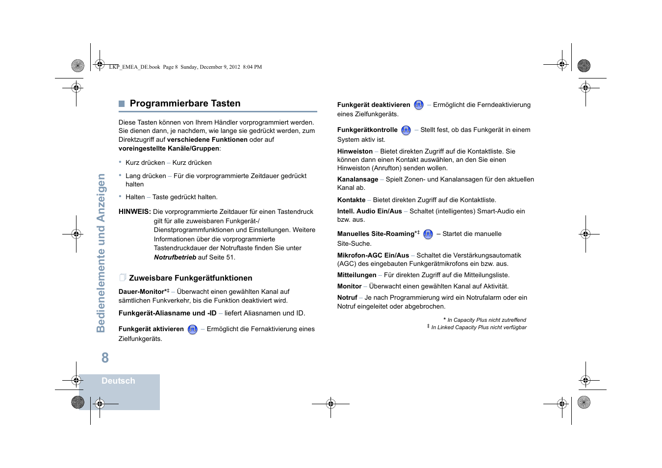 Programmierbare tasten, Zuweisbare funkgerätfunktionen, Seite 8 | Bedienelemente und anzeigen | Motorola DP 2600 User Manual | Page 114 / 900