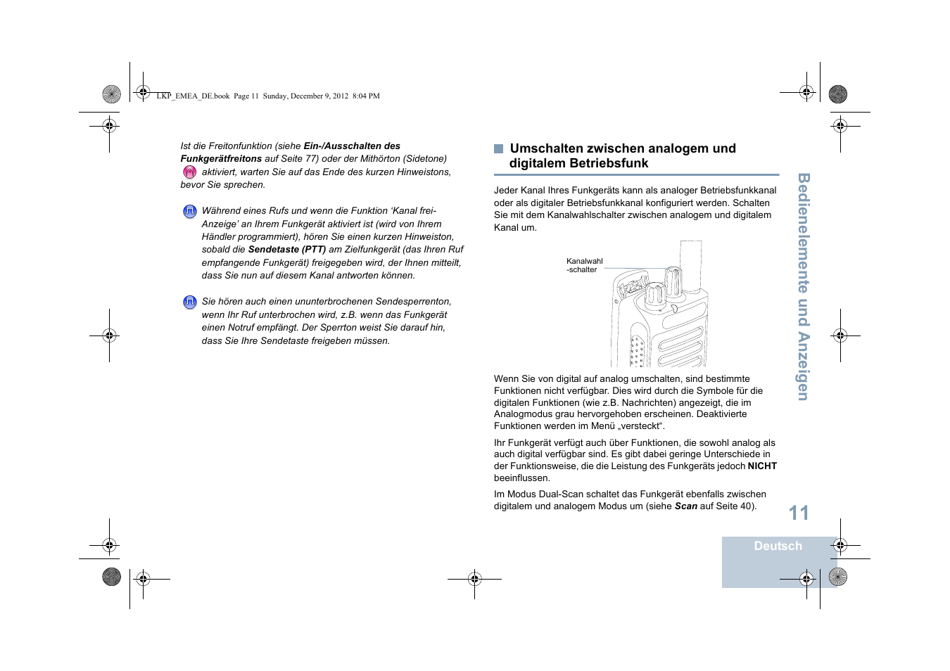 Umschalten zwischen analogem und digitalem, Betriebsfunk, Seite 11 | Bedienelemente und anzeigen | Motorola DP 2600 User Manual | Page 117 / 900