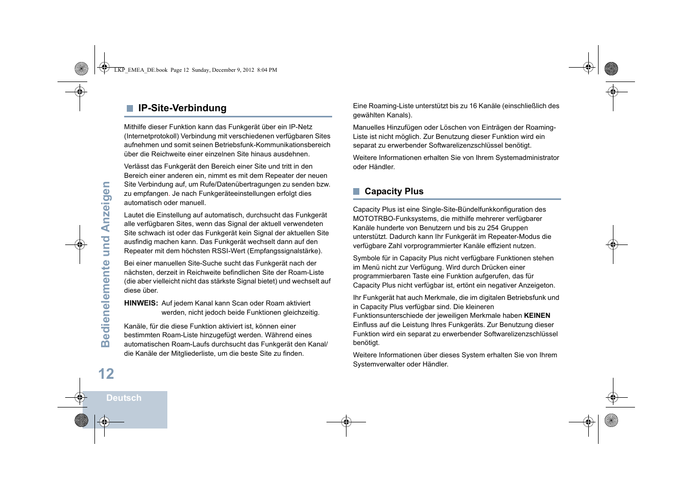 Ip-site-verbindung, Capacity plus, Ip-site-verbindung capacity plus | Ip-site-verbindung a, Seite 12, Über capacity plus, Seite 12 capacity plus, Bedienelemente und anzeigen | Motorola DP 2600 User Manual | Page 118 / 900