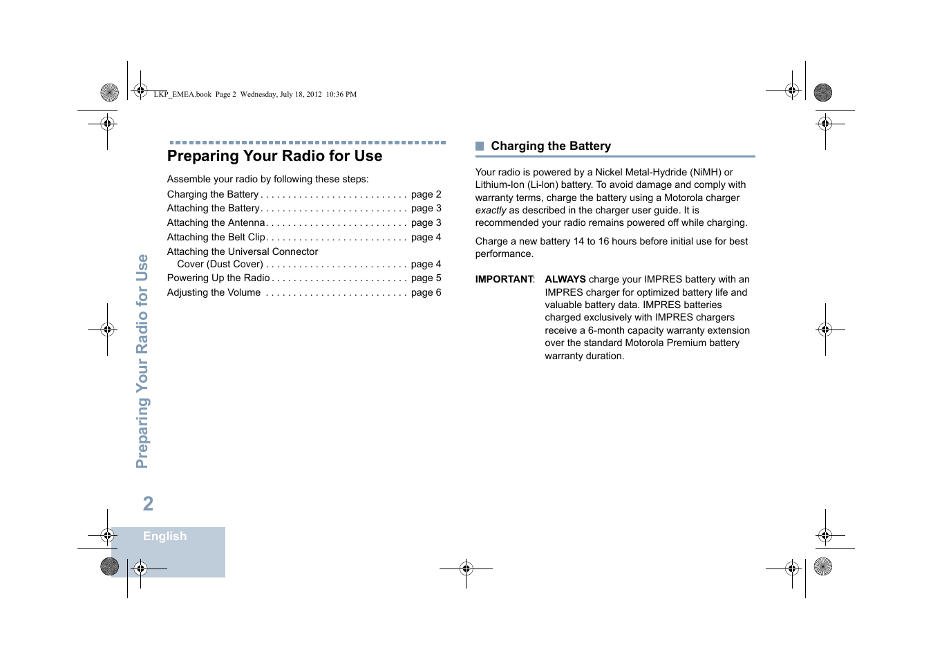 Preparing your radio for use, Charging the battery | Motorola DP 2600 User Manual | Page 12 / 900