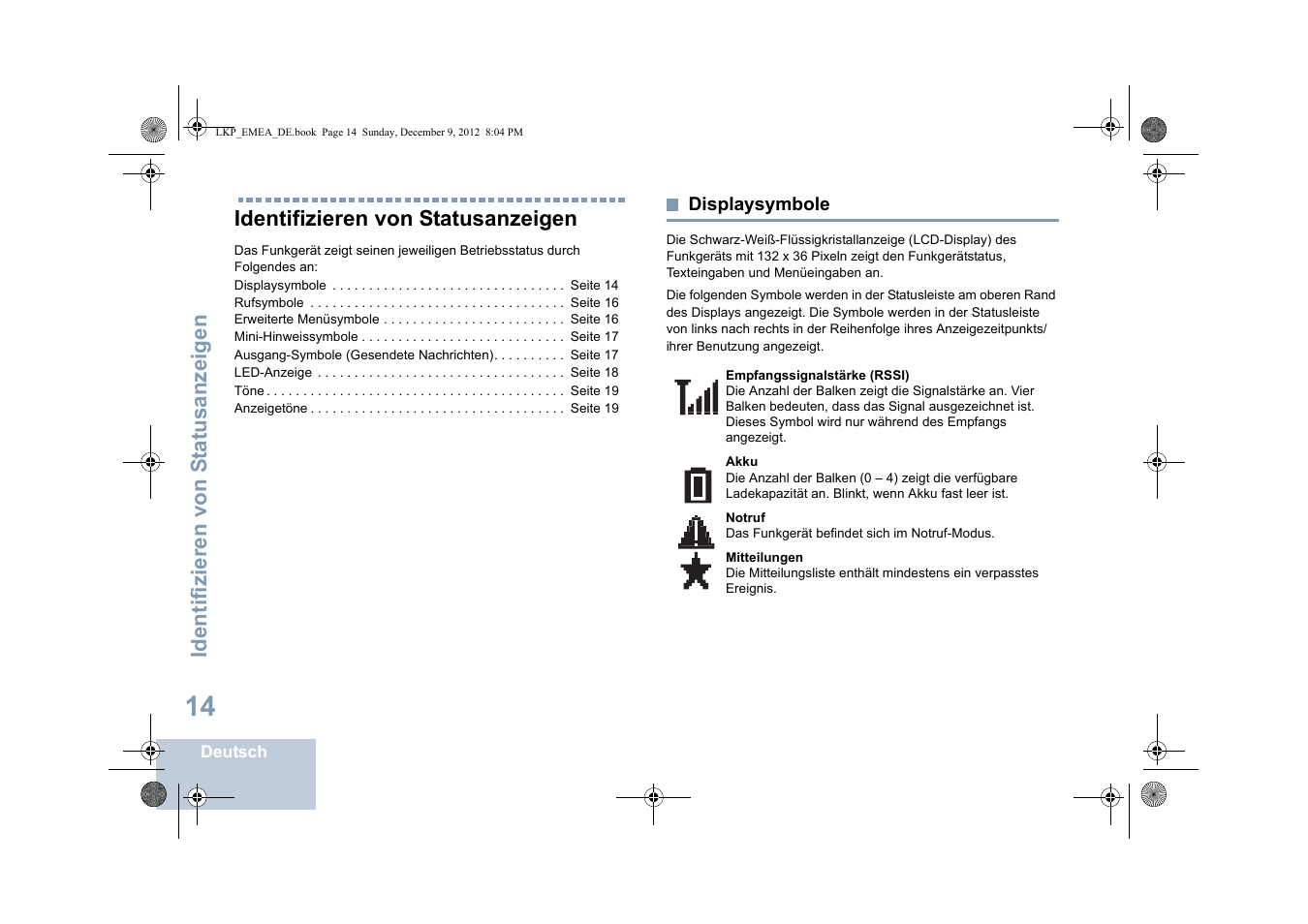 Identifizieren von statusanzeigen, Displaysymbole | Motorola DP 2600 User Manual | Page 120 / 900